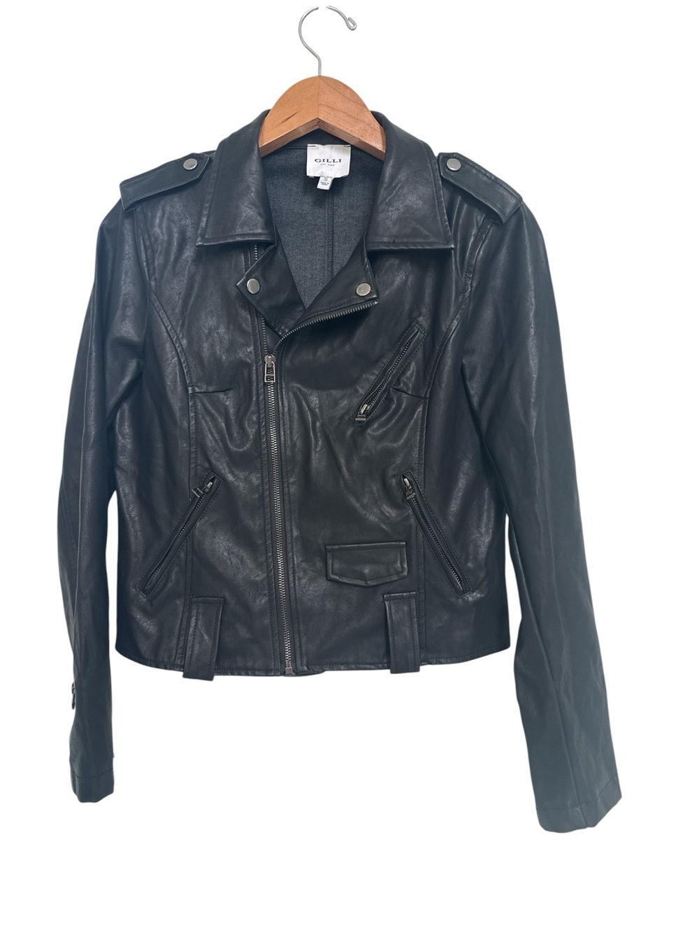Gilli Classic Faux Leather Zip Up Moto Jacket in Black Size Small